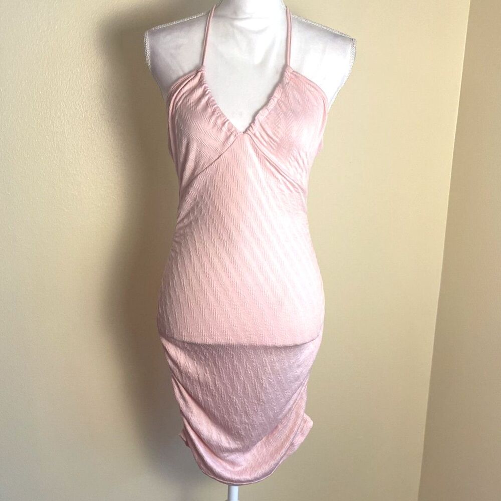 Y2K Style Pink Bodycon Halter Top Mini Dress 4 Slinky Coquette Sexy Valentines - Picture 1 of 11